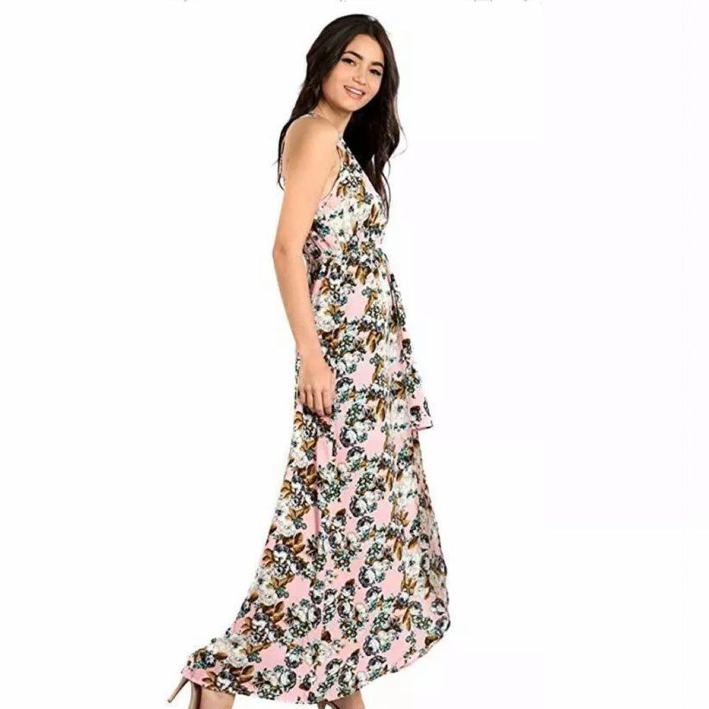 Floral Pink Asymmetric Hi-Lo Relaxed V-Neck Maxi‎